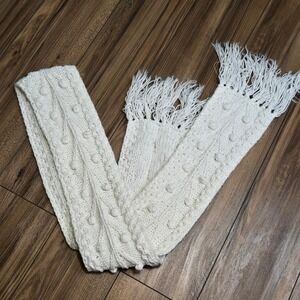 Cream Textured Knit Crochet Scarf with Bobble Accents and Fringe 80 in long